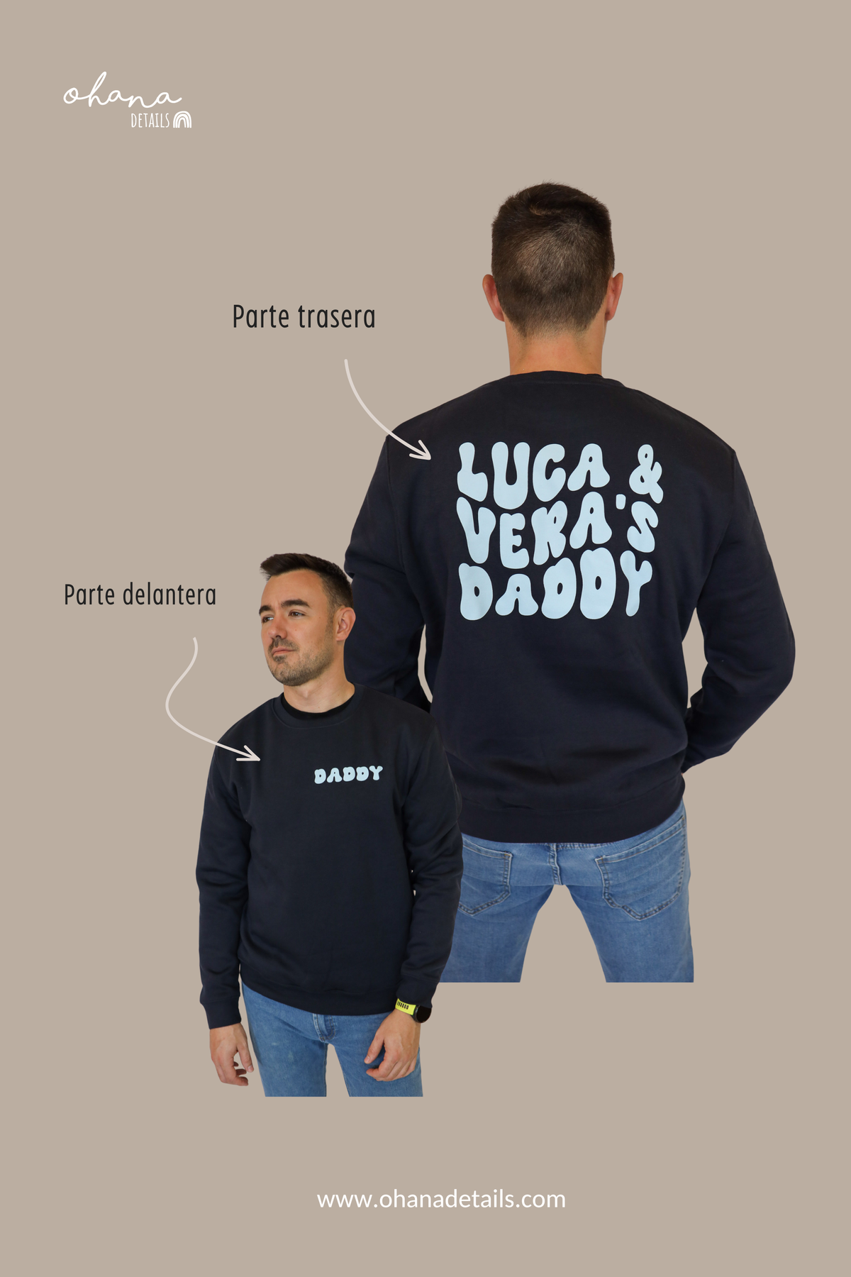 Vistas delantera y trasera de las sudaderas Surfer de adulto y niño