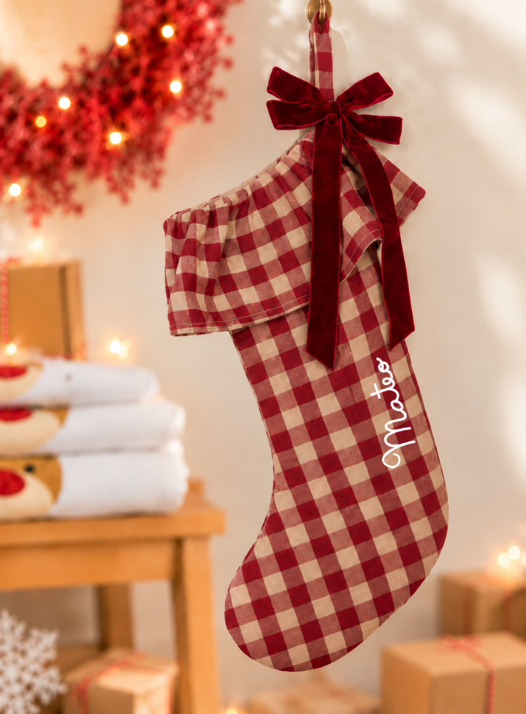Calcetín de Navidad vichy burdeos - Ohana Details