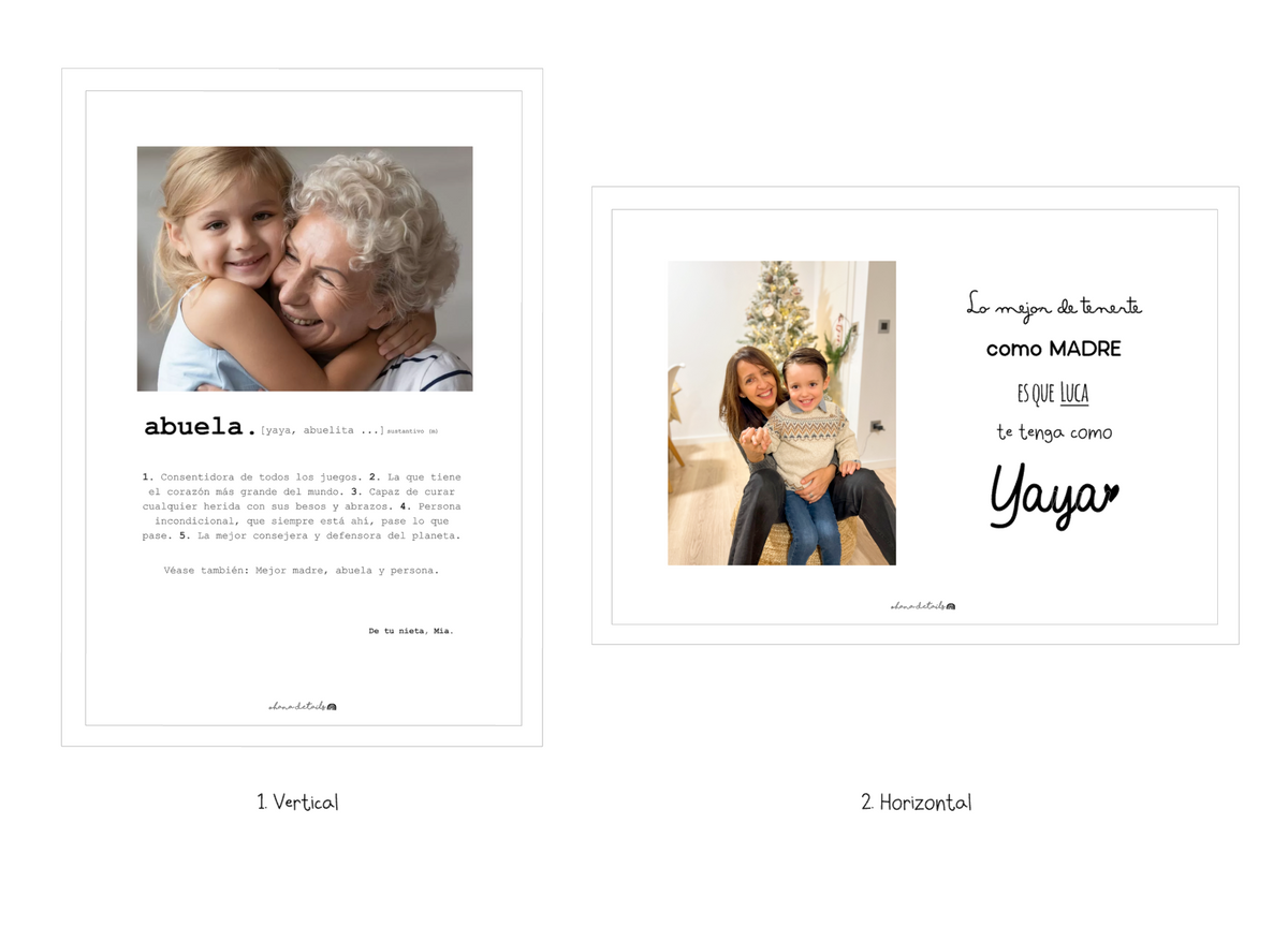 Guía de formatos vertical y horizontal para láminas de fotos de mamá y abuela