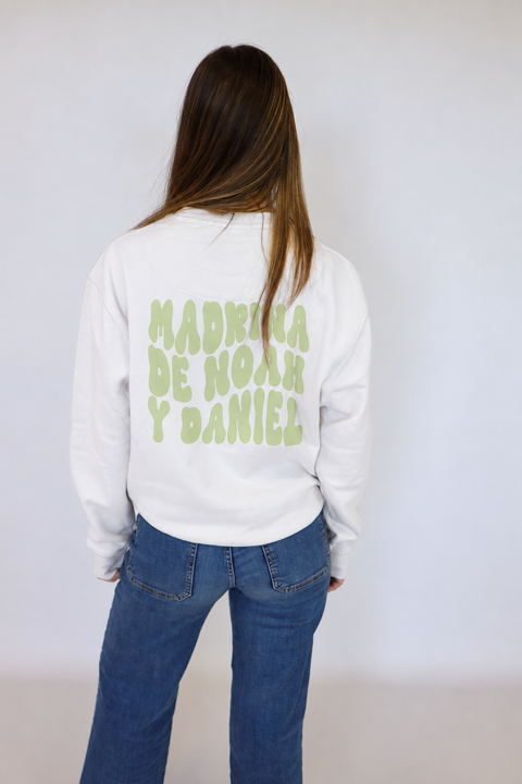 Sudadera Surfer blanca con texto verde en la espalda