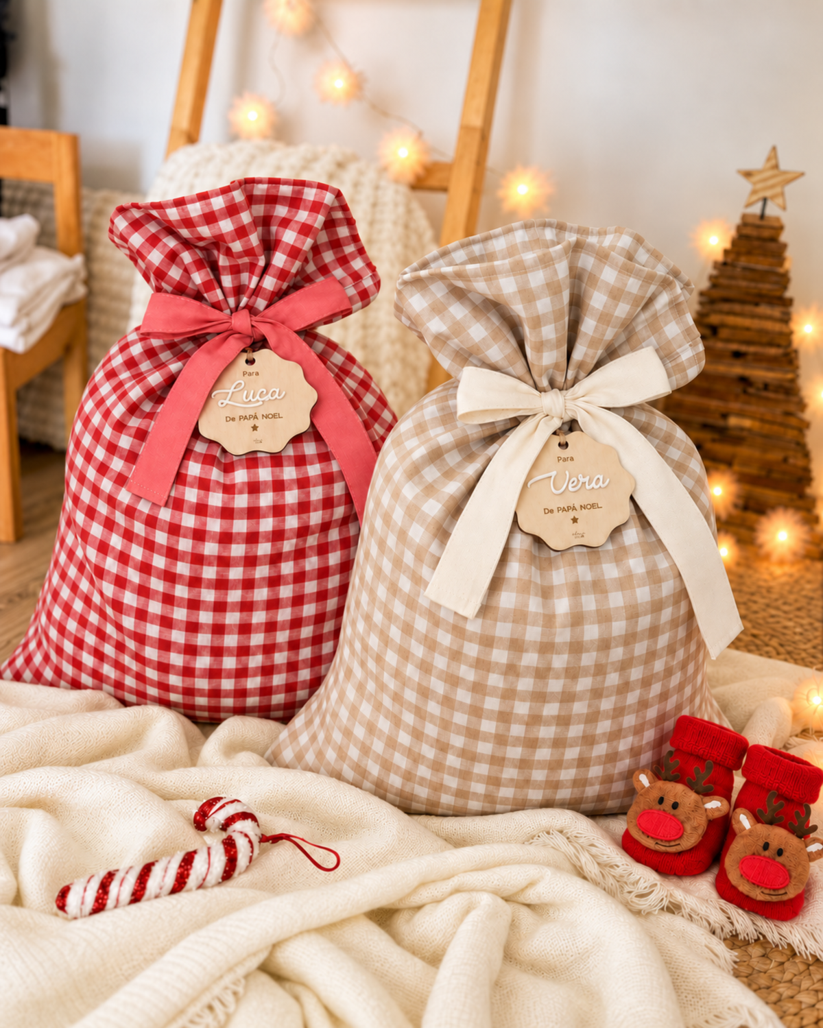 Saco regalos vichy Papá Noel - Ohana Details