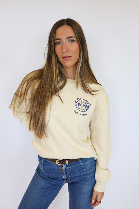 Sudadera Mascota beige con dibujo de perro en el pecho
