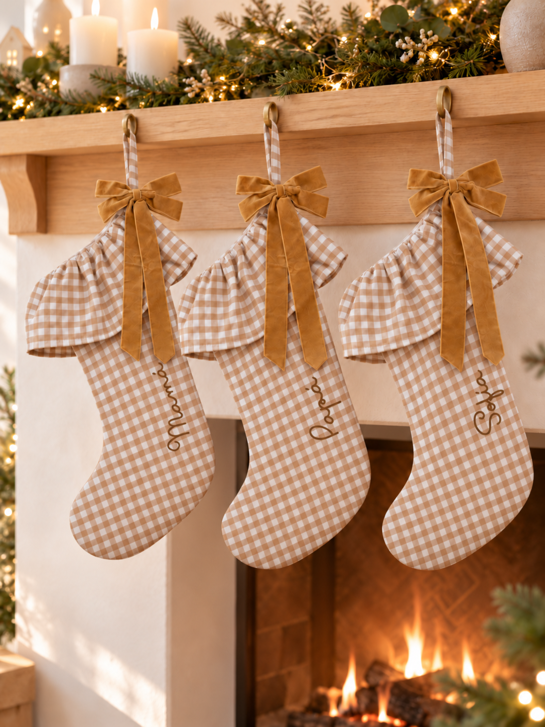 Calcetín de Navidad vichy beige - Ohana Details